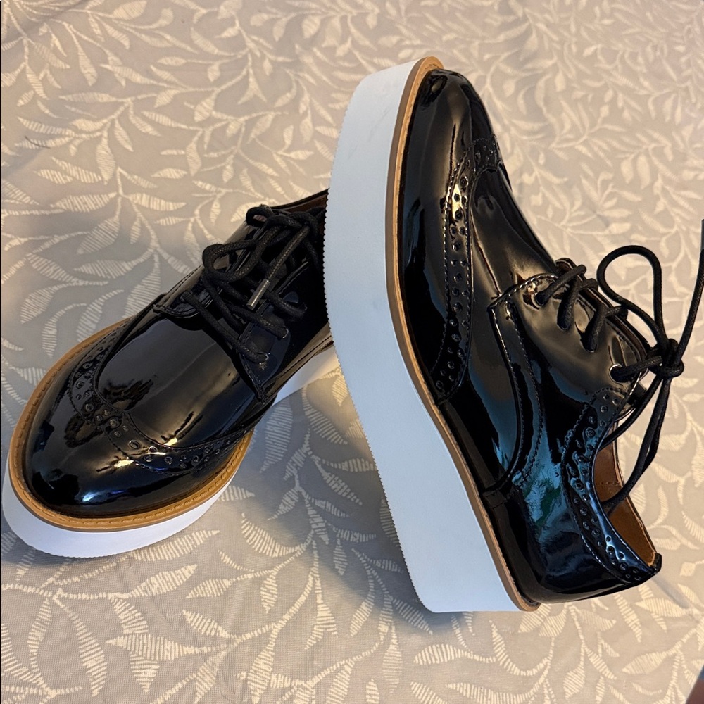 Madden Girl Black Patent Wingtip Platform Oxfords with White Sole